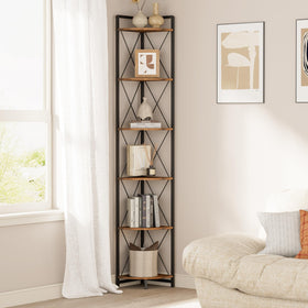 Cerlyunzan six-tier corner shelf stand displaying books in a neat, space-saving corner.