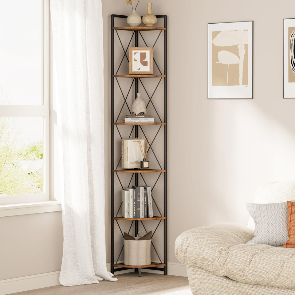 Cerlyunzan six-tier corner shelf stand displaying books in a neat, space-saving corner.