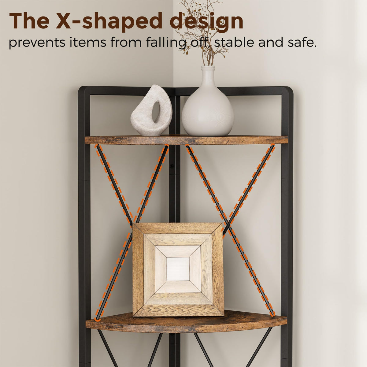 Cerlyunzan wood-grain shelves pair with a steel frame for rustic yet contemporary decor.