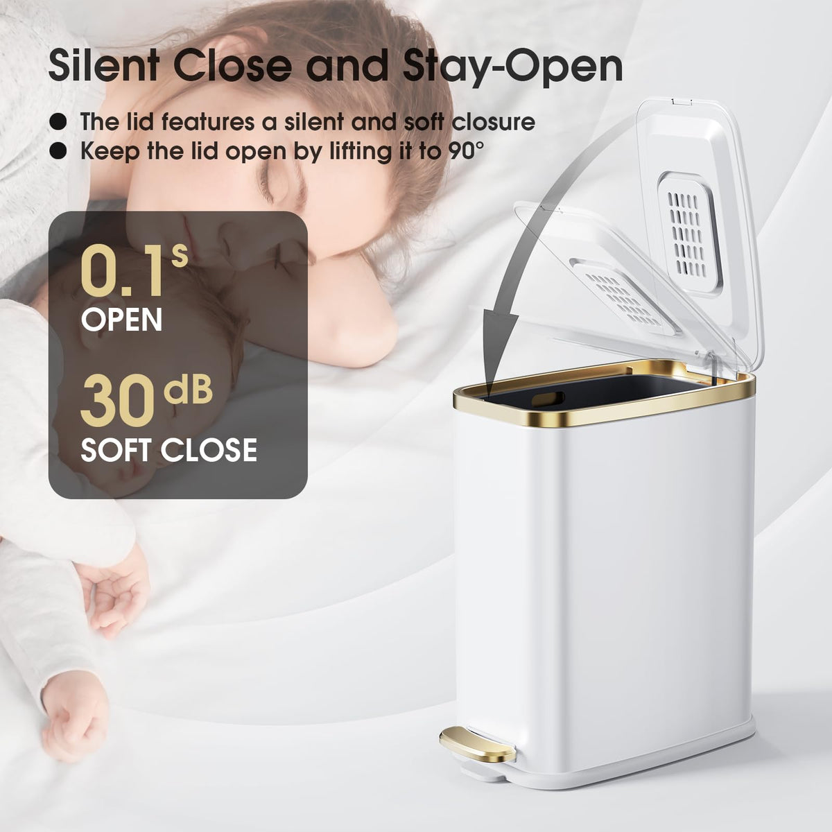 CEROELDA trash can with soft-close lid for quiet operation.
