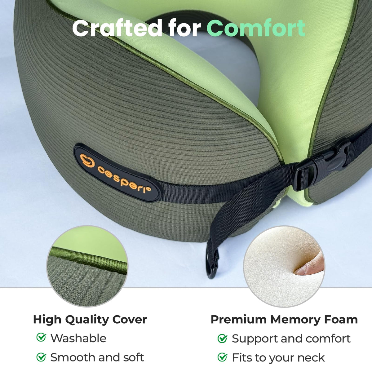 Cesperi travel neck pillow front strap adjustable: customize fit for all flight durations.