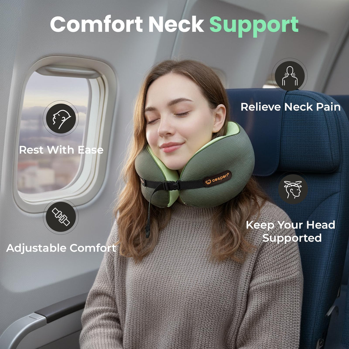 Cesperi travel neck pillow memory foam core: supports posture with lasting shape.