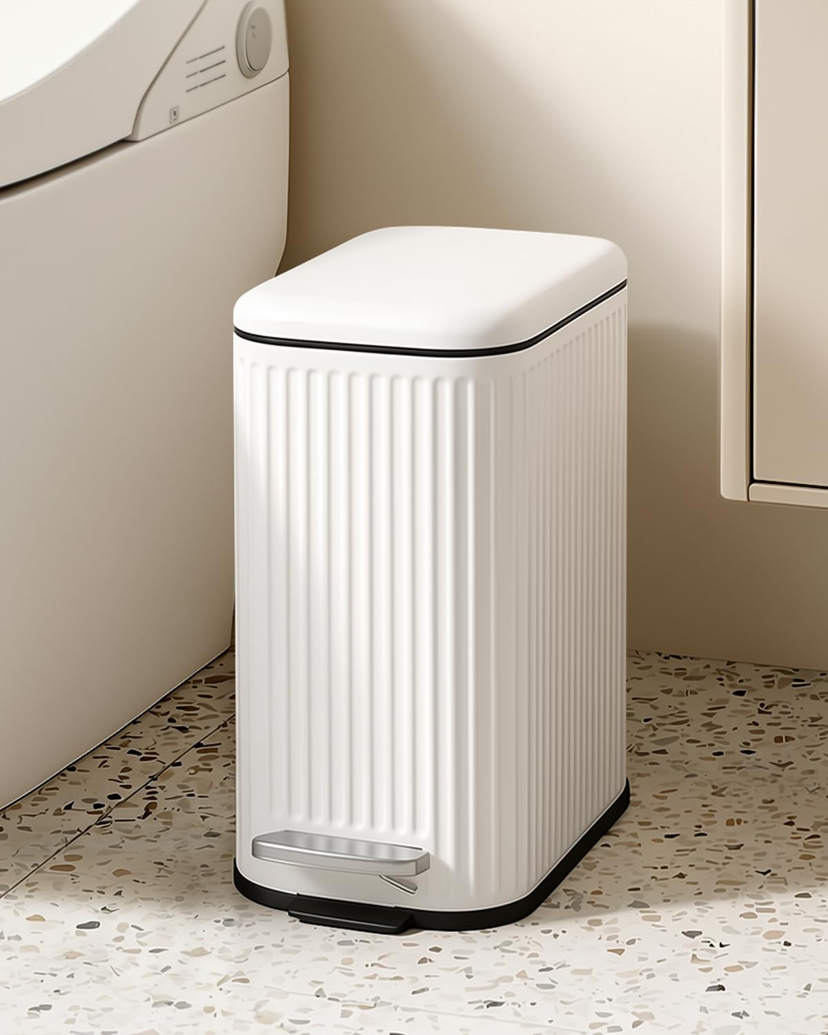 Cesun bathroom trash can with soft-close lid in Cloud Dancer color for quiet disposal