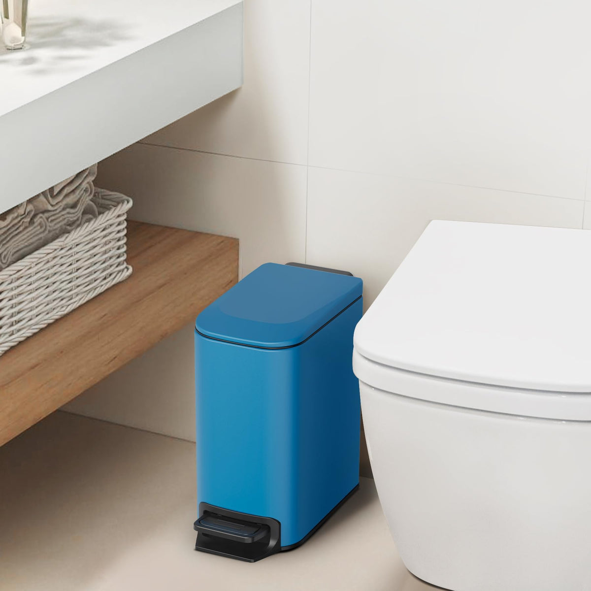 Cesun blue finish trash can with soft-close pedal for quiet use