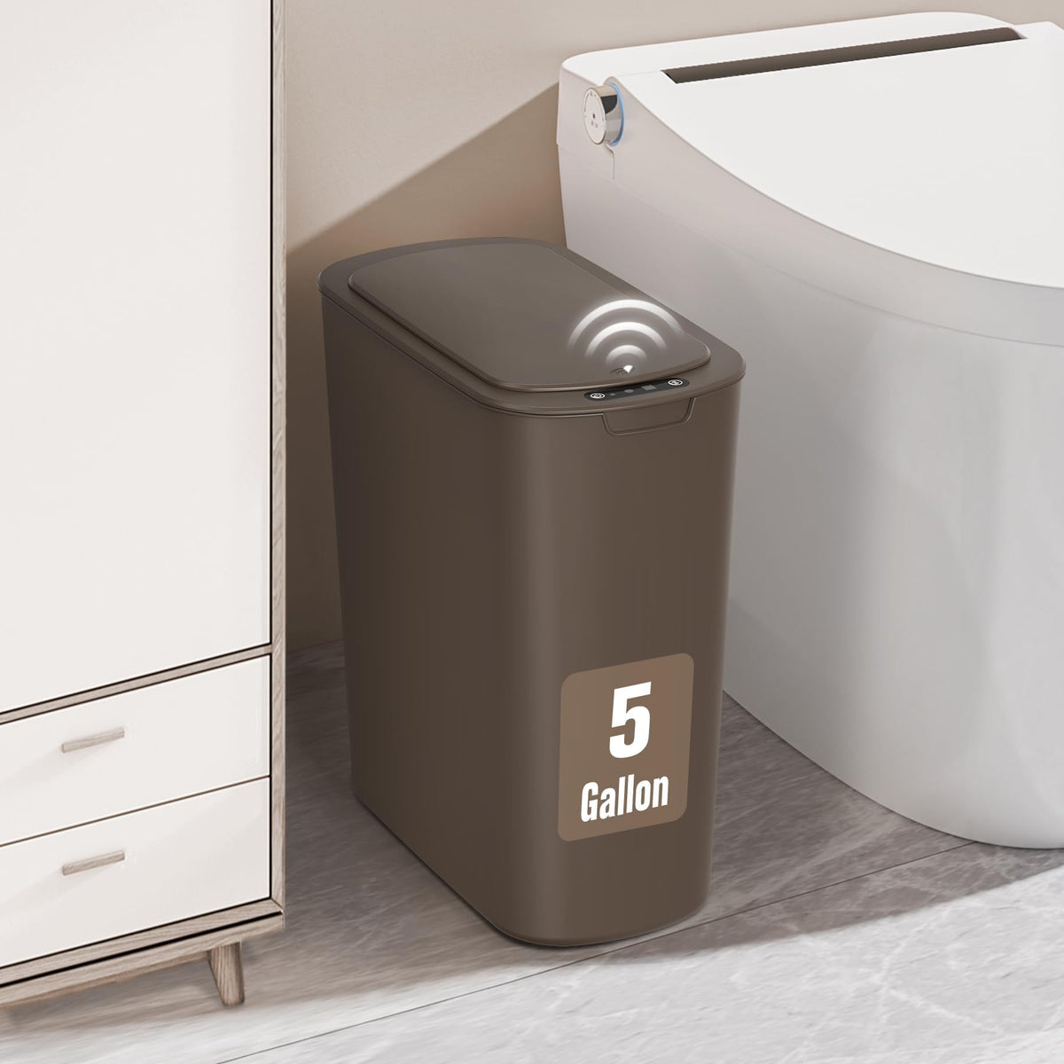 Cesun bathroom trash can with motion sensor lid enables touchless waste disposal.