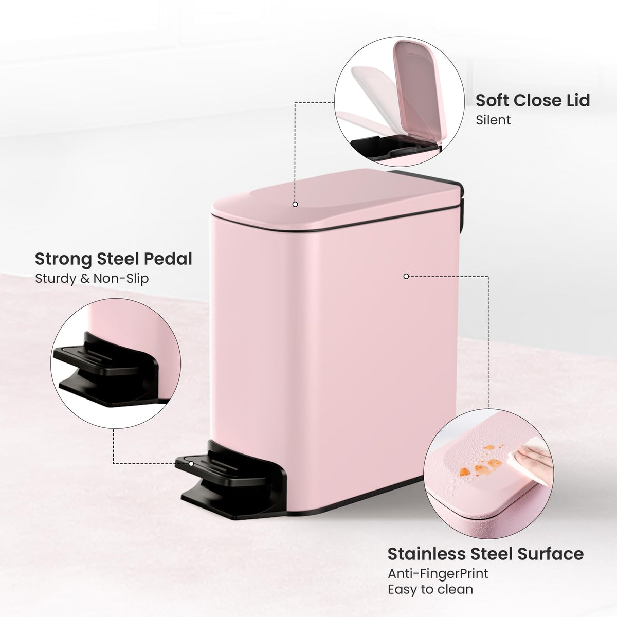 Cesun step-pedal bin with sturdy stainless steel for smooth, durable use.