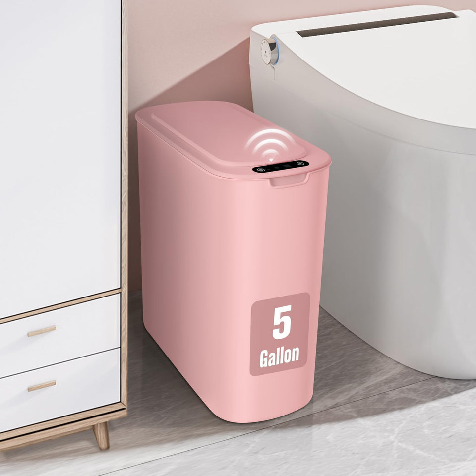 Cesun pink motion sensor trash can front view shows space-saving design in a tidy room.