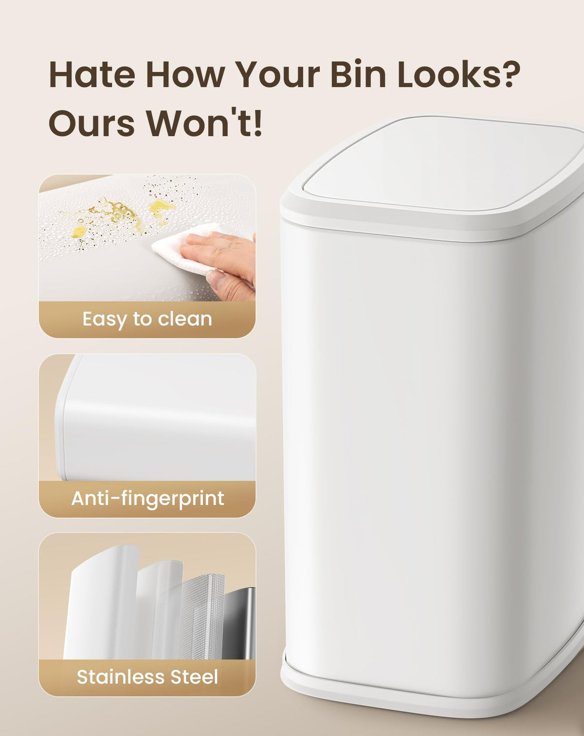 Slim Cesun trash can fits narrow spaces like bathrooms.