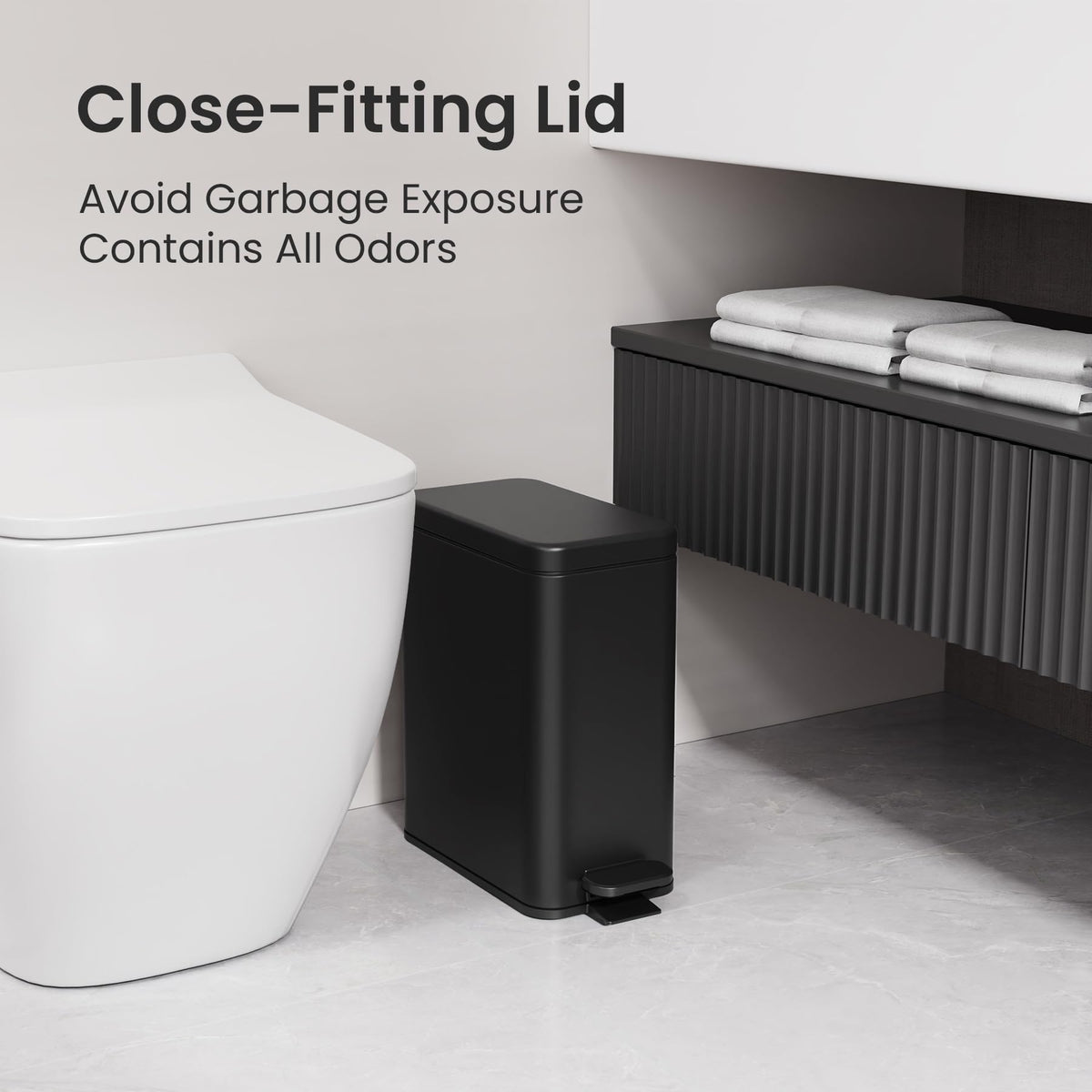 Cesun small stainless steel trash bin with soft-close lid reduces noise during use.
