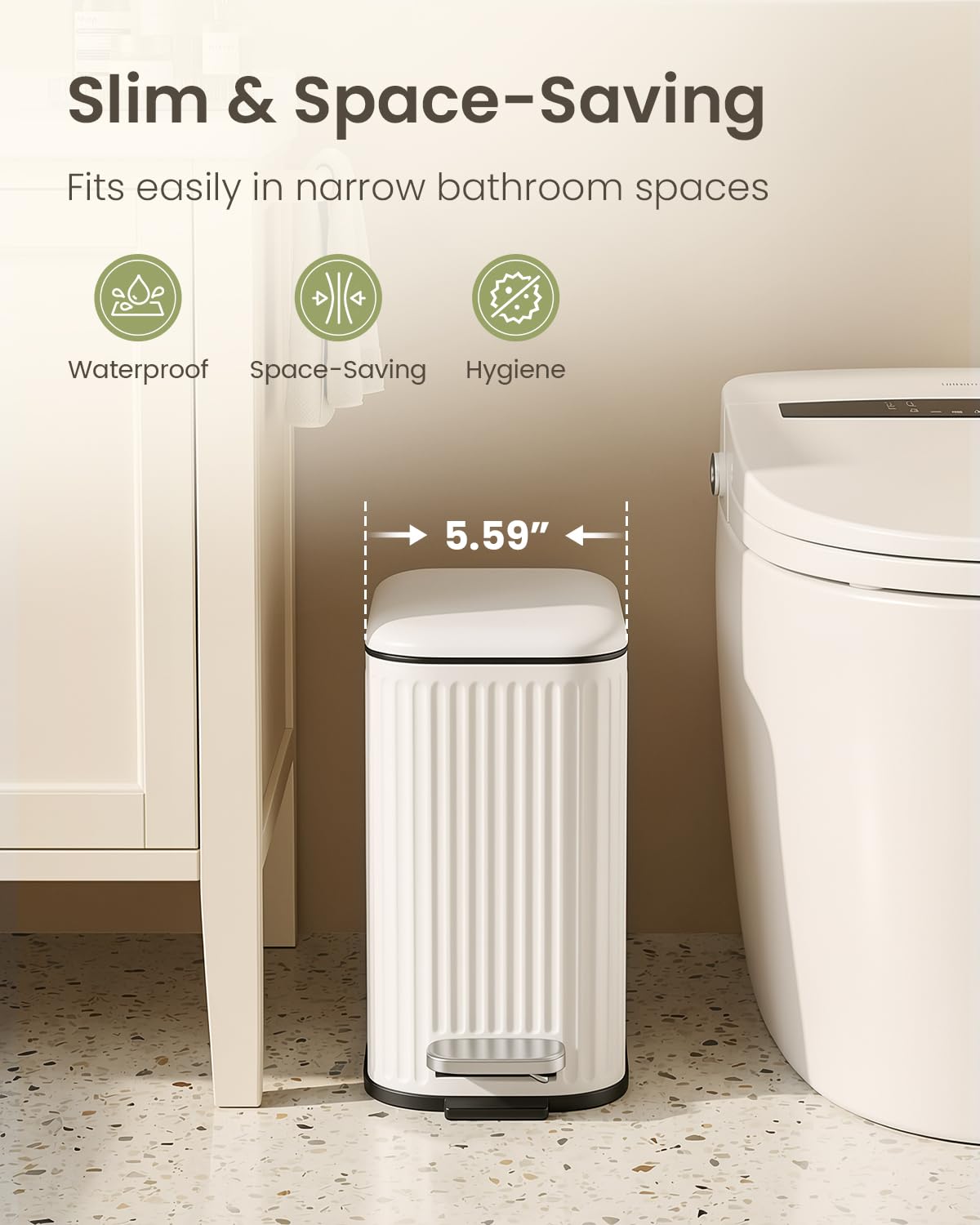 Cesun slim-design trash can fits tight spaces beside toilet and sink