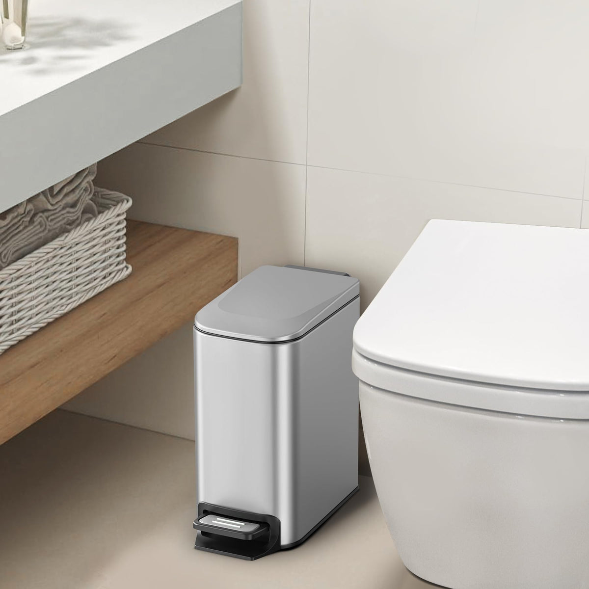 Cesun slim bathroom trash can in silver, ideal for narrow spaces.