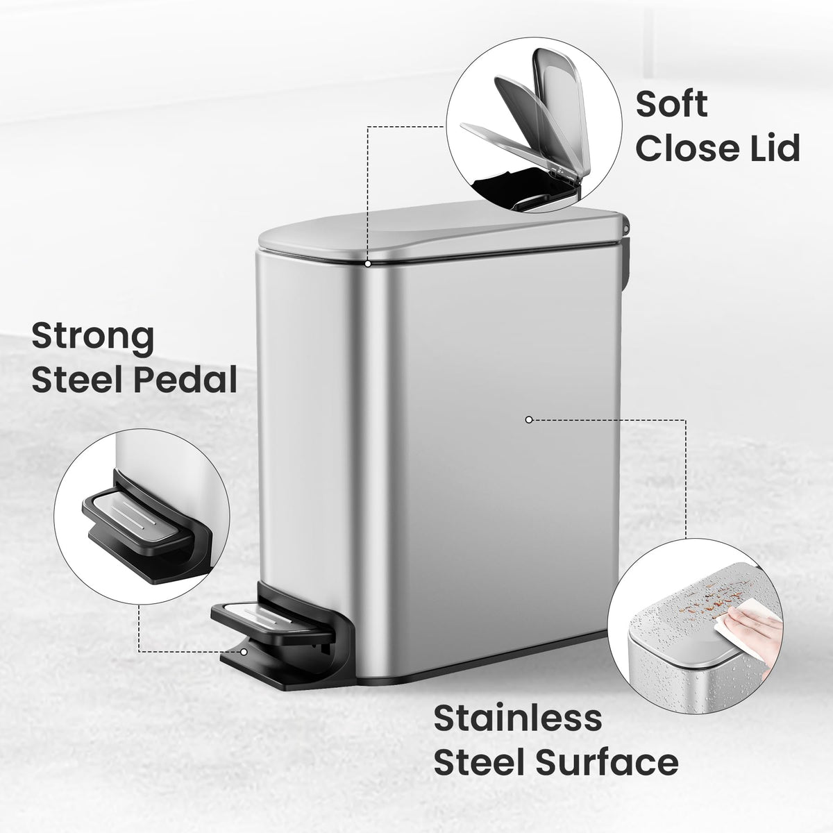 Cesun stainless steel finish on a modern trash can.
