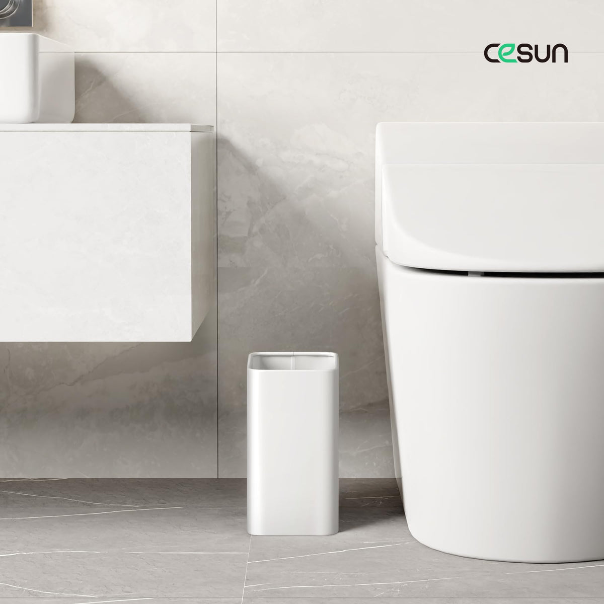 Cesun white stainless steel trash bin highlights anti-rust finish for durability.