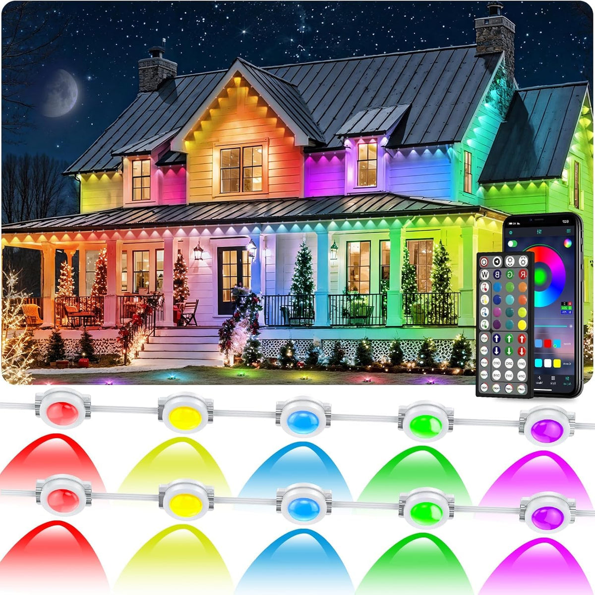 CETELUMA 300ft RGB outdoor lights illuminate eaves with even color and broad coverage.