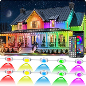 CETELUMA 300ft RGB outdoor lights illuminate eaves with even color and broad coverage.