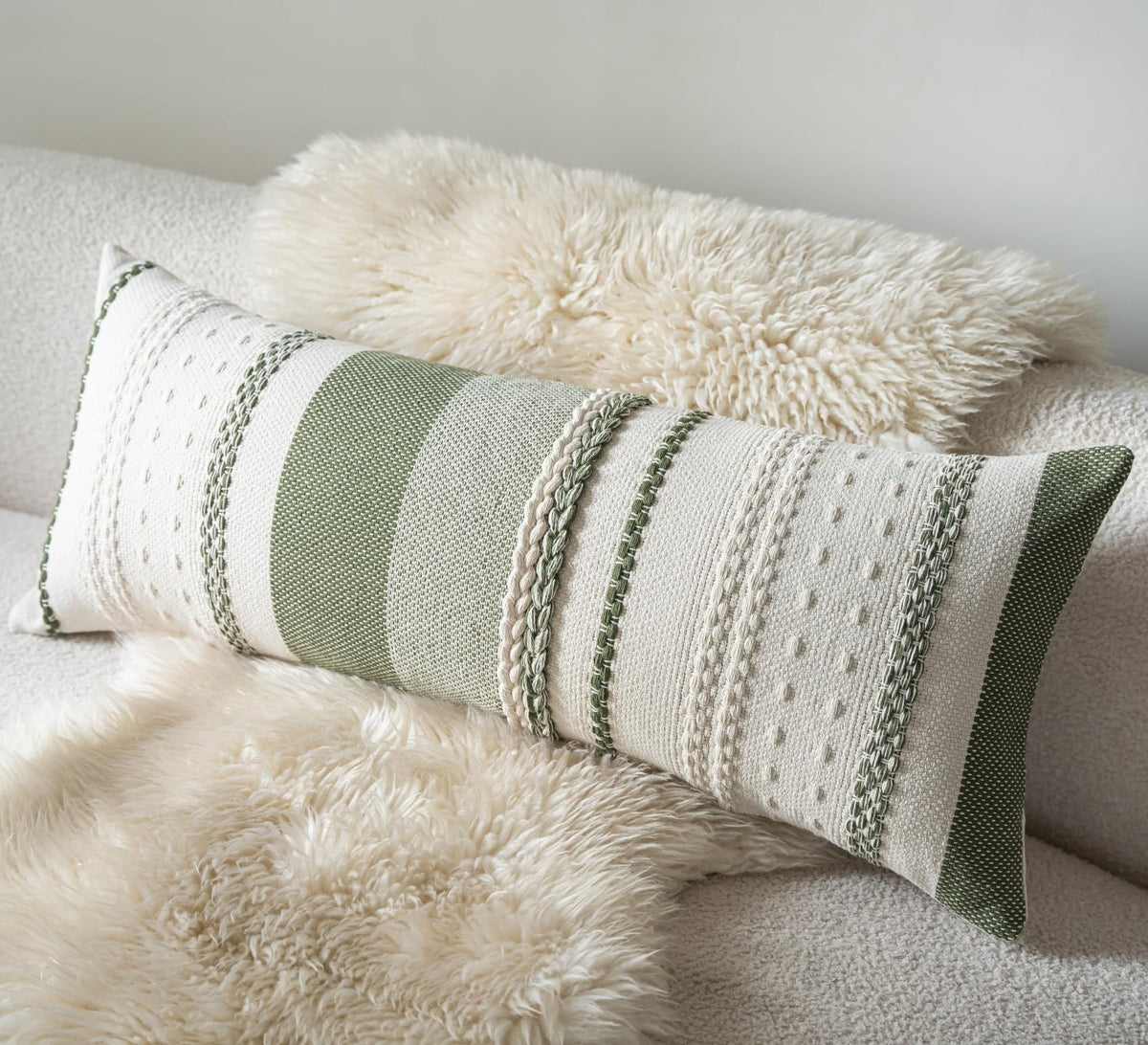 Cethom Boho lumbar pillow cover front view in green texture enhances sofa style and comfort
