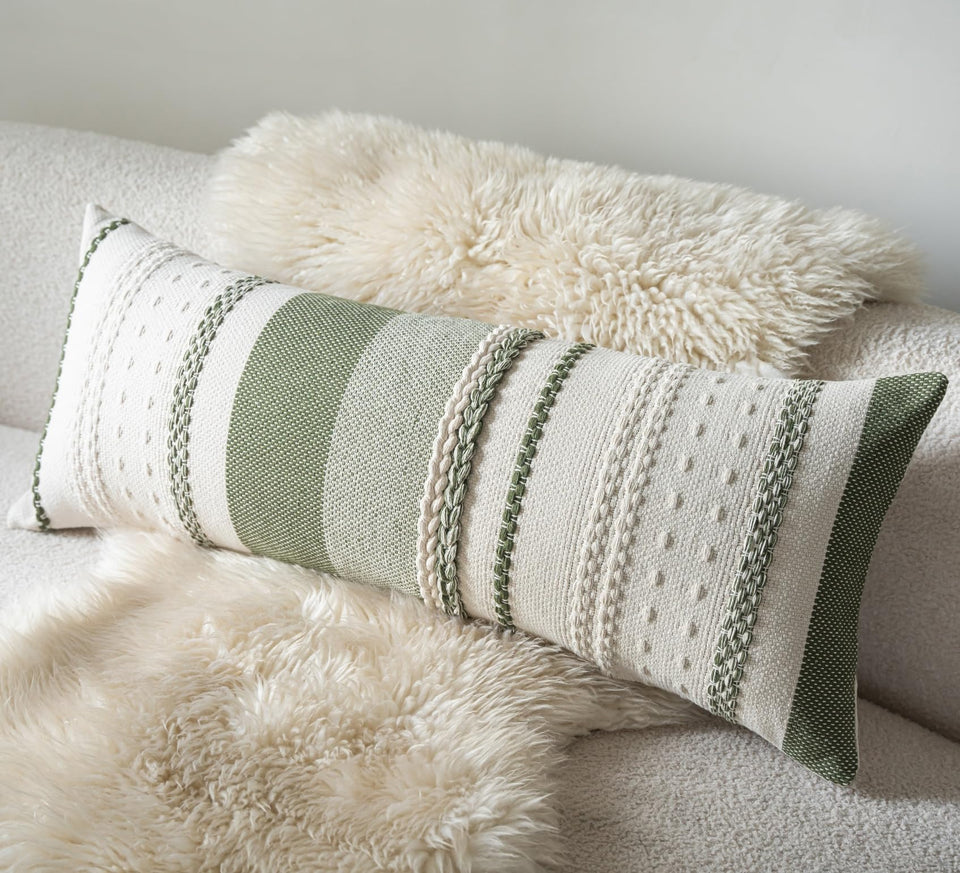 Cethom Boho lumbar pillow cover front view in green texture enhances sofa style and comfort