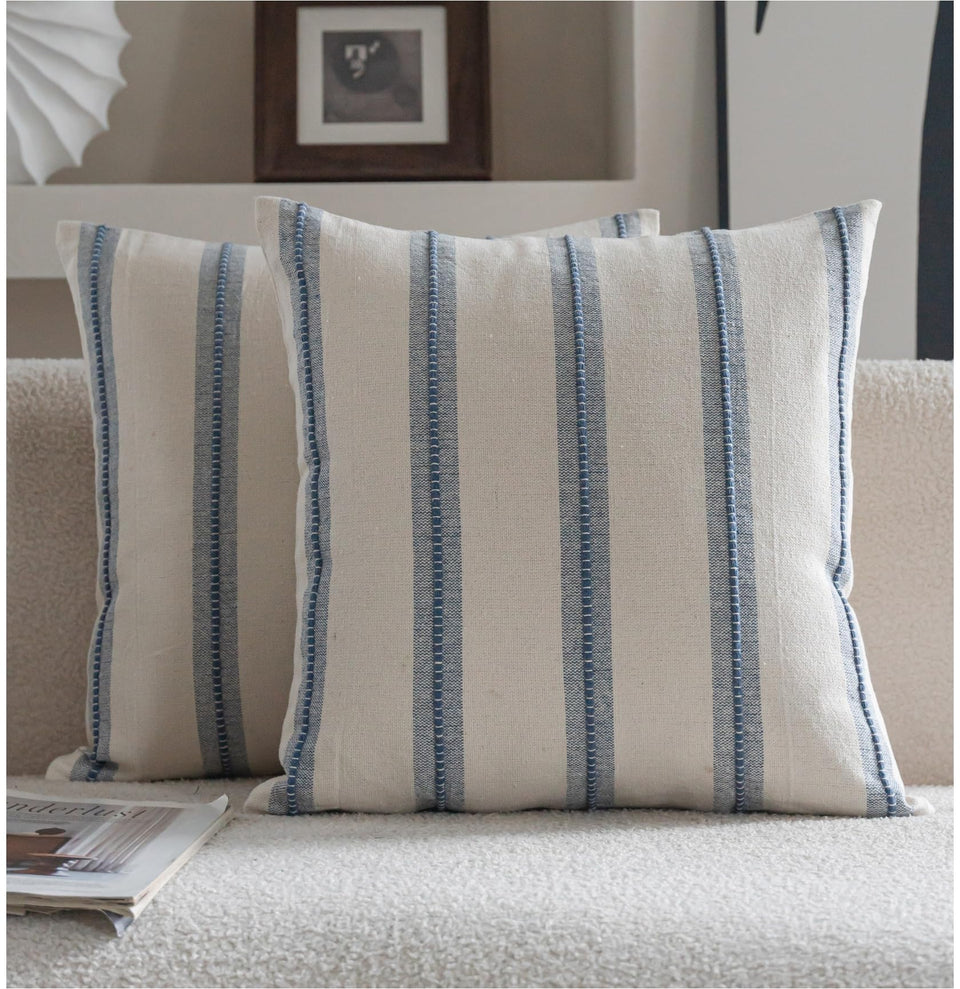 Cethom Boho throw pillow cover in beige and blue stripes for cozy living room decor.