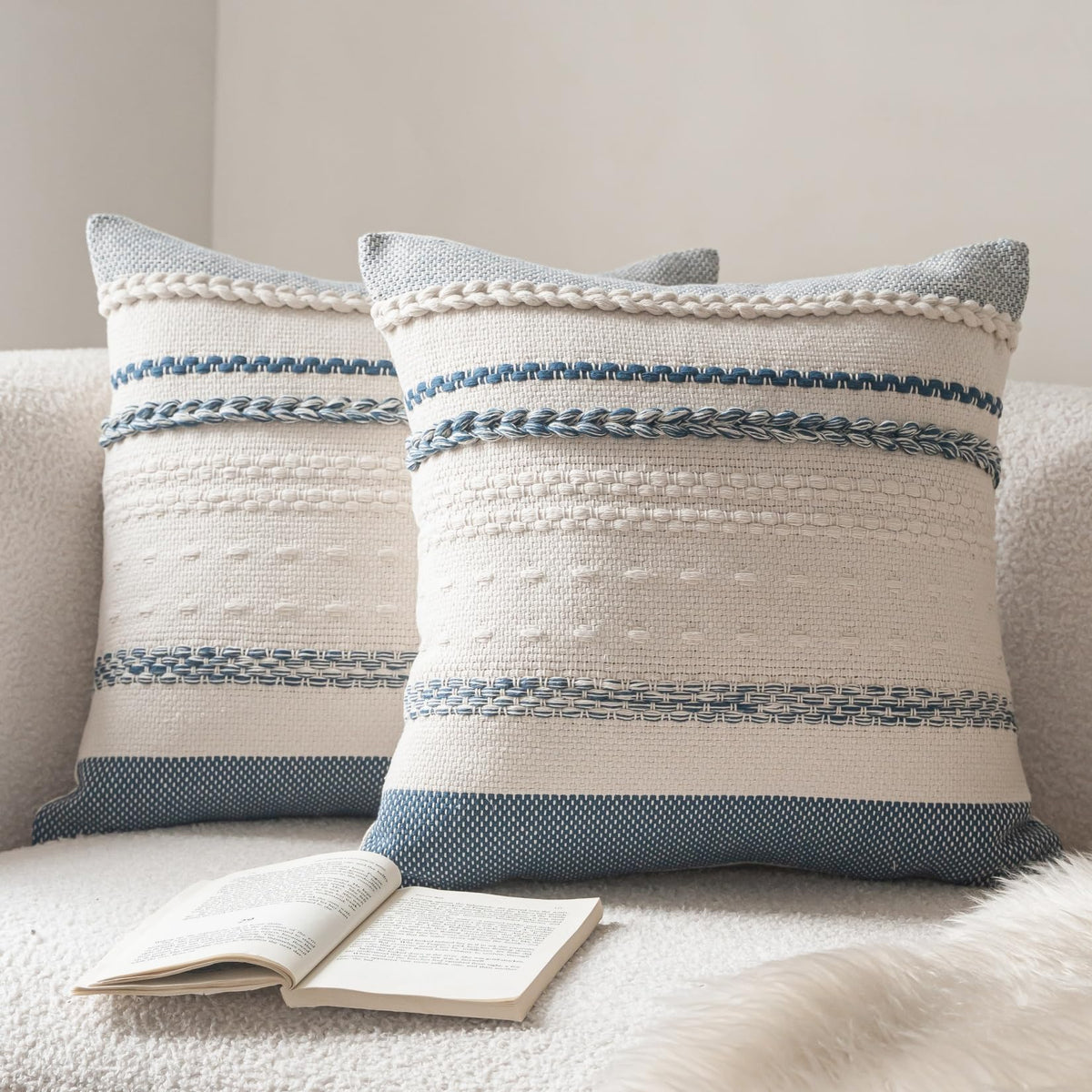 Cethom Boho throw pillow cover in blue texture adds cozy farmhouse style.