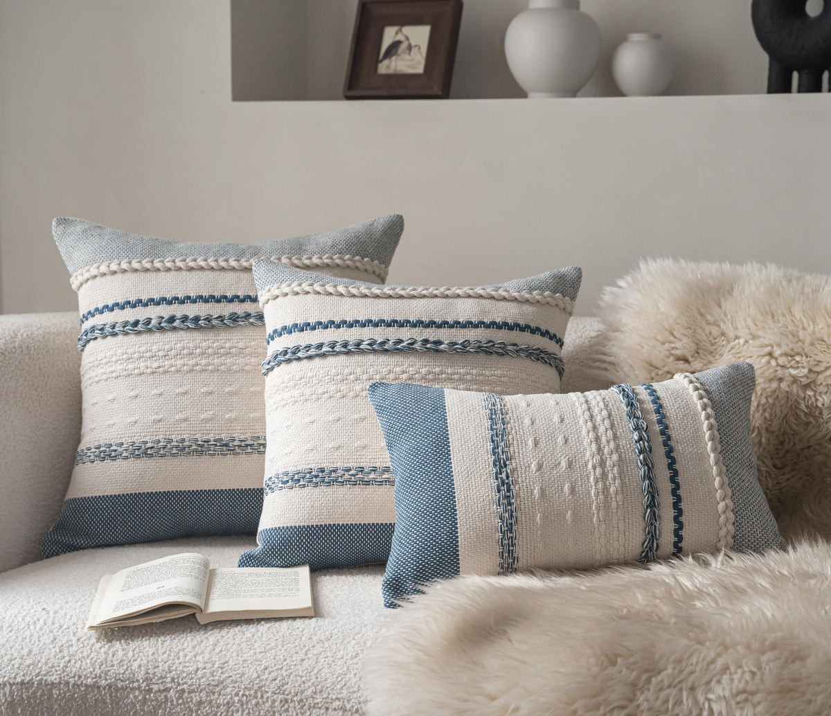 Cethom farmhouse-friendly blue pillow cover suited for couch, bed, or chair.