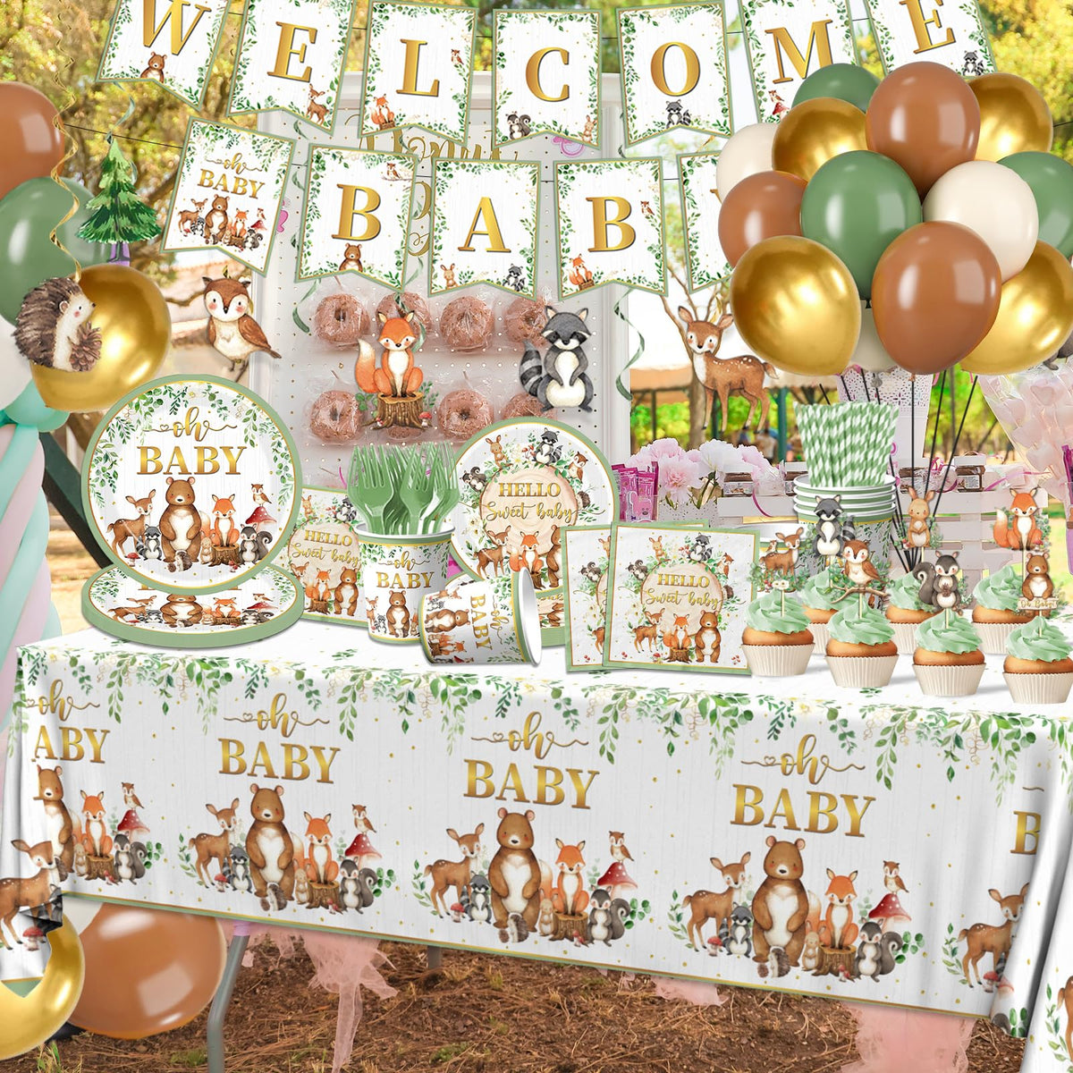 Cextoga woodland baby shower napkins for sage forest theme, quick wipe cleanup and cohesive look