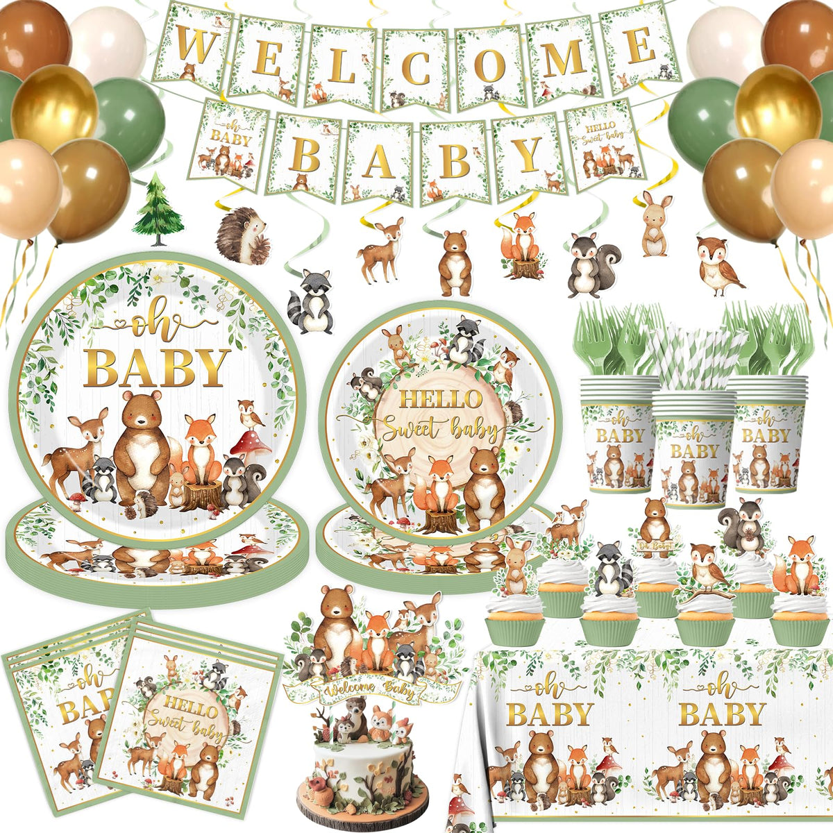 Cextoga woodland baby shower plates for a sage forest table decor and easy cleanup