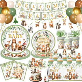 Cextoga woodland baby shower plates for a sage forest table decor and easy cleanup