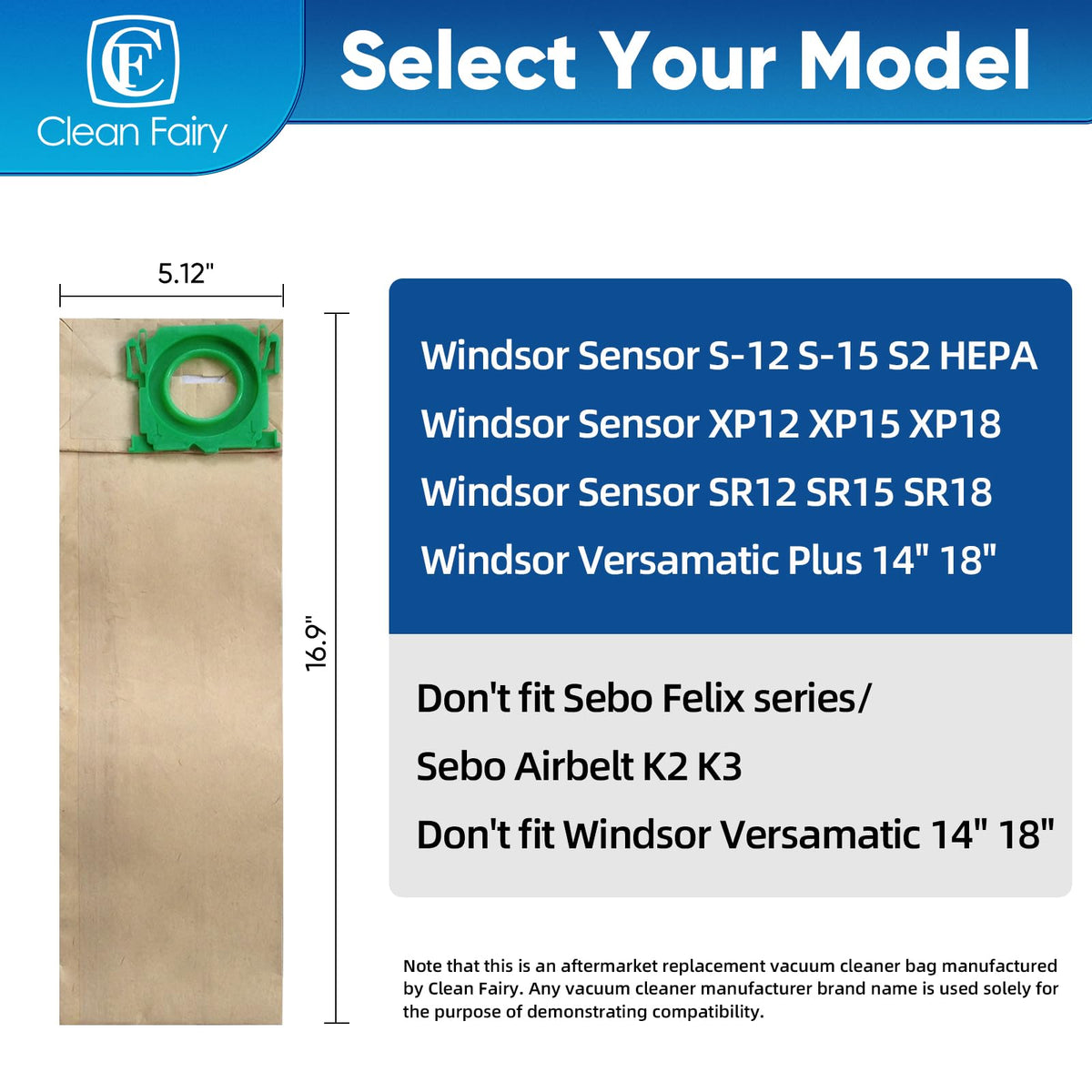 CF Clean Fairy Windsor S12/S15 compatible bags for smooth filtration