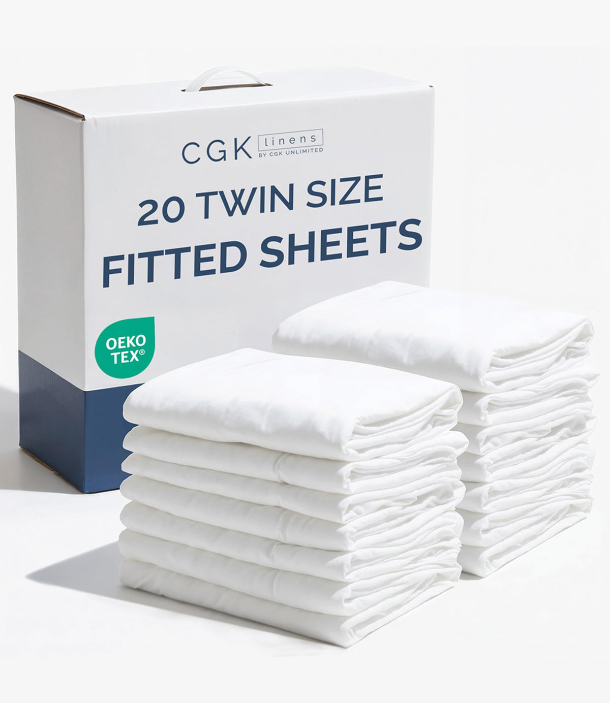 CGK Unlimited 20-pack twin fitted sheets white with deep pockets for secure fit.