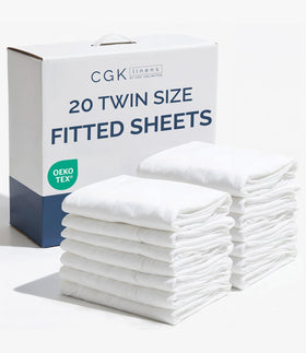 CGK Unlimited 20-pack twin fitted sheets white with deep pockets for secure fit.
