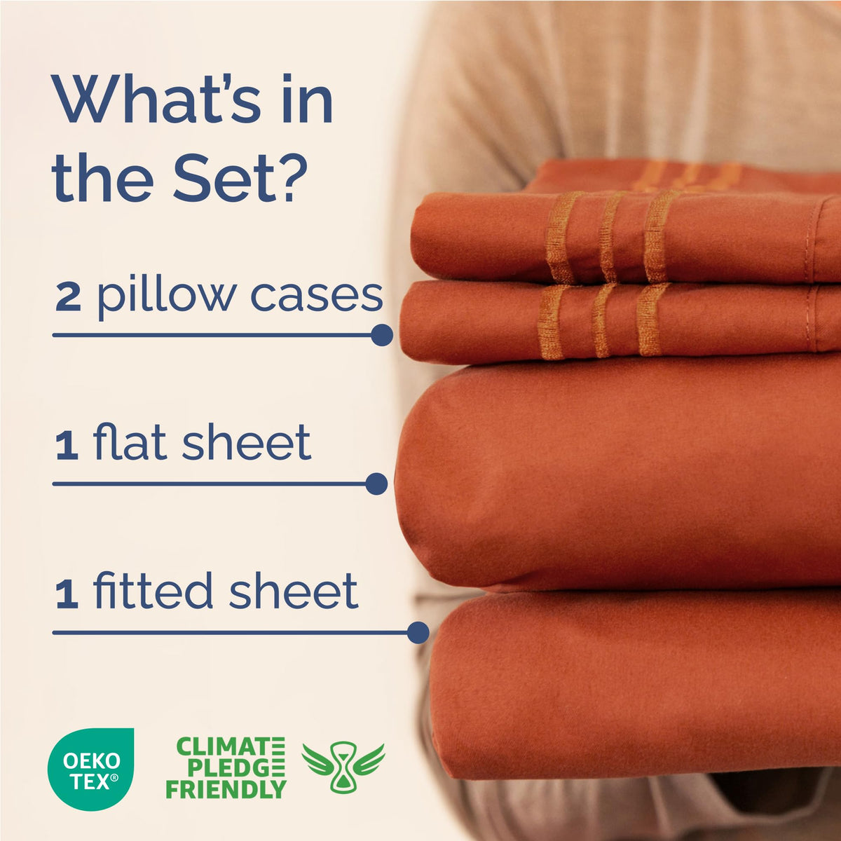 CGK Unlimited 4-piece sheet set shown in terracotta with soft, breathable microfiber feel.