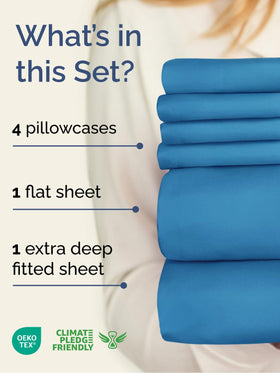 CGK Unlimited 6-piece set with denim blue pillowcases for coordinated hotel-like sleep