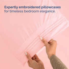 CGK Unlimited baby pink bedroom scene conveys hotel-inspired comfort in any room.