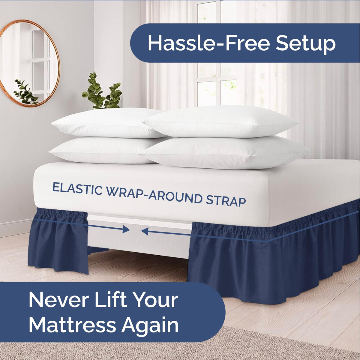 Elastic wrap stays put for CGK Unlimited navy bedskirt over queen bed.