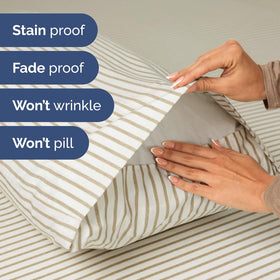 CGK Unlimited beige striped design adds hotel-style elegance to bedrooms