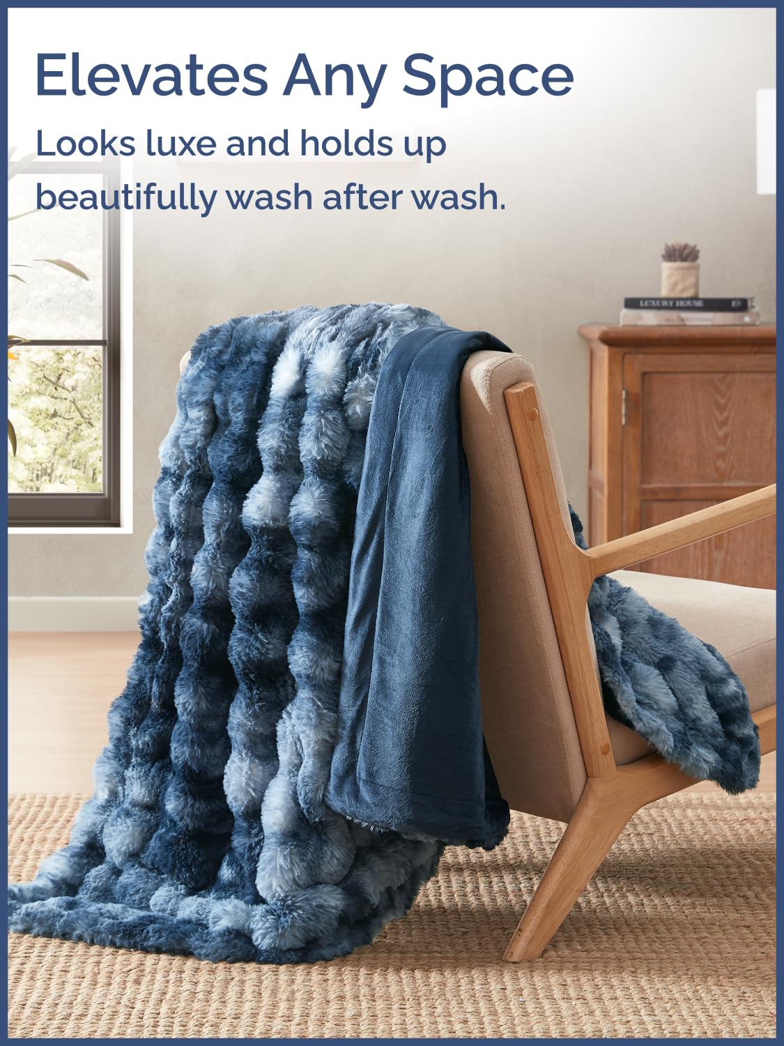 CGK Unlimited blue throw draped on sofa adds a decorative cozy layer
