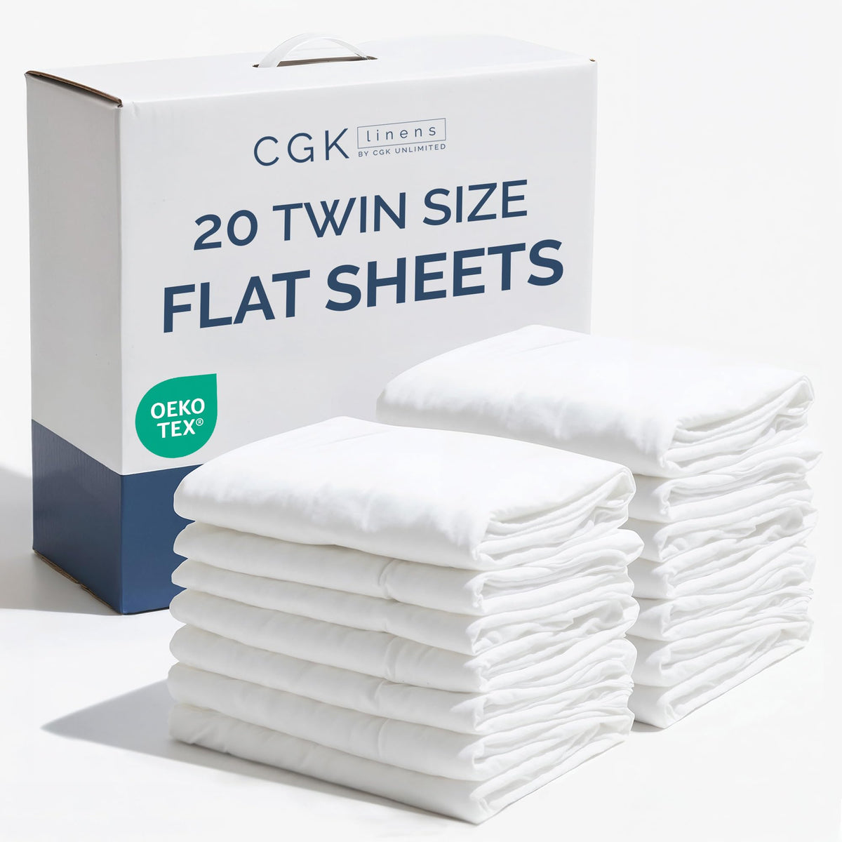 CGK Unlimited twin flat sheet bulk pack on bed showing neat hotel-style top sheet