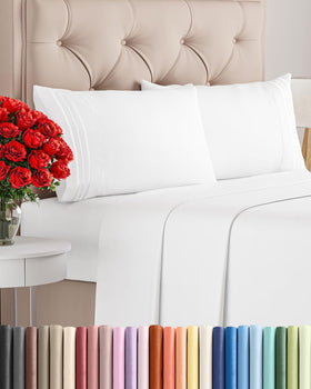 CGK Unlimited Cal King 4-Piece Sheet Set flat lay shows soft white bedding