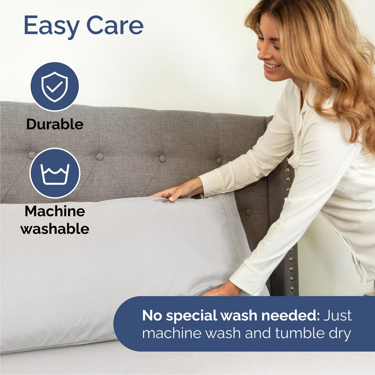 Wrinkle-free finish on CGK Unlimited Cal King sheets for low-maintenance care.