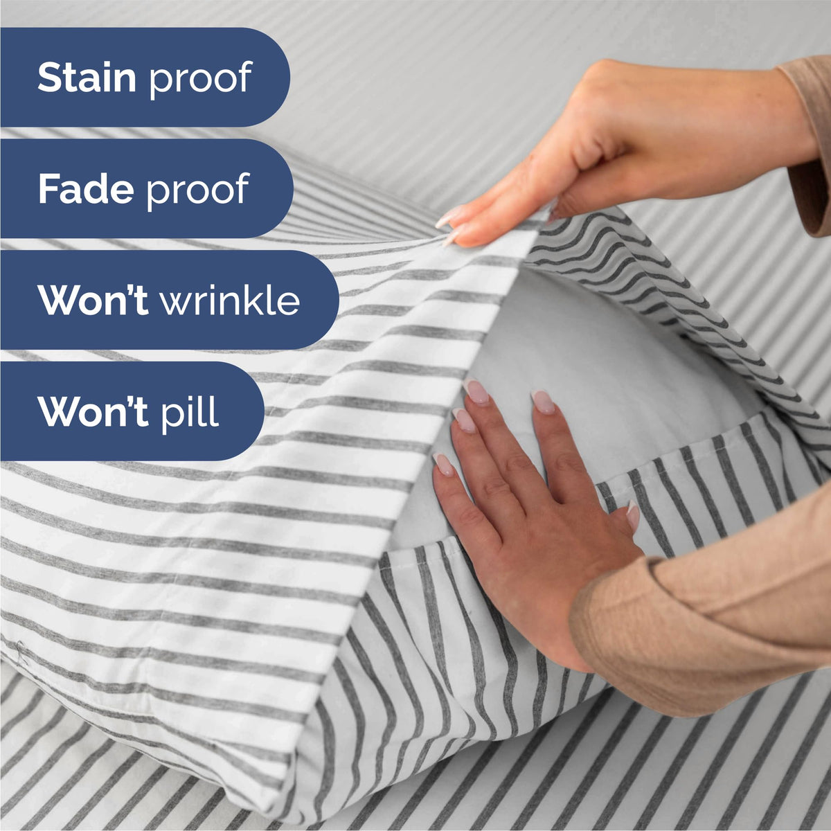 Cooling fabric detail conveys breathable, night-long comfort potential.