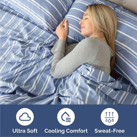CGK Unlimited blue stripes wrinkle-free fabric close-up for easy care.