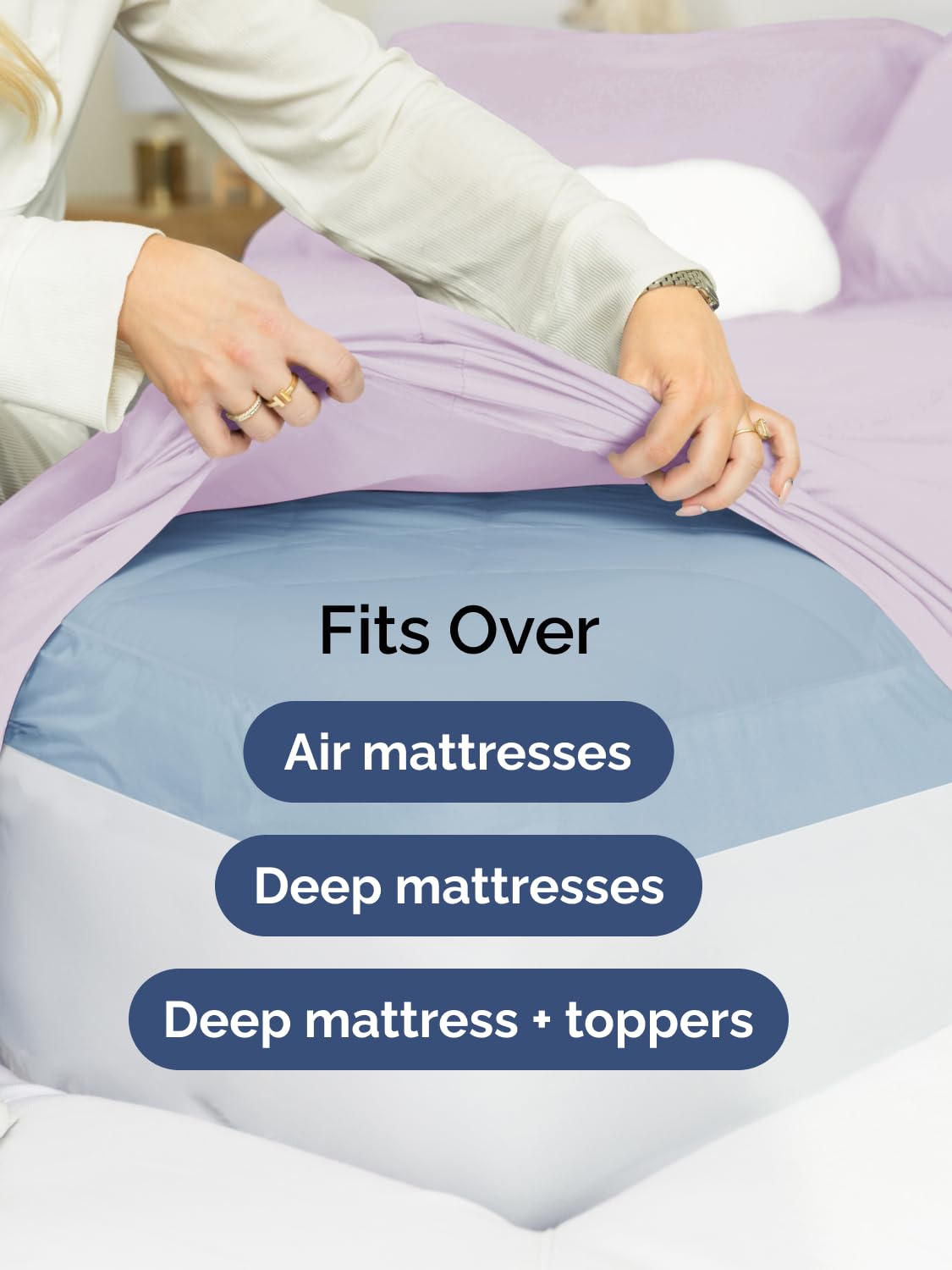 CGK Unlimited deep-pocket queen sheet demonstrates 21-inch pocket adaptability.