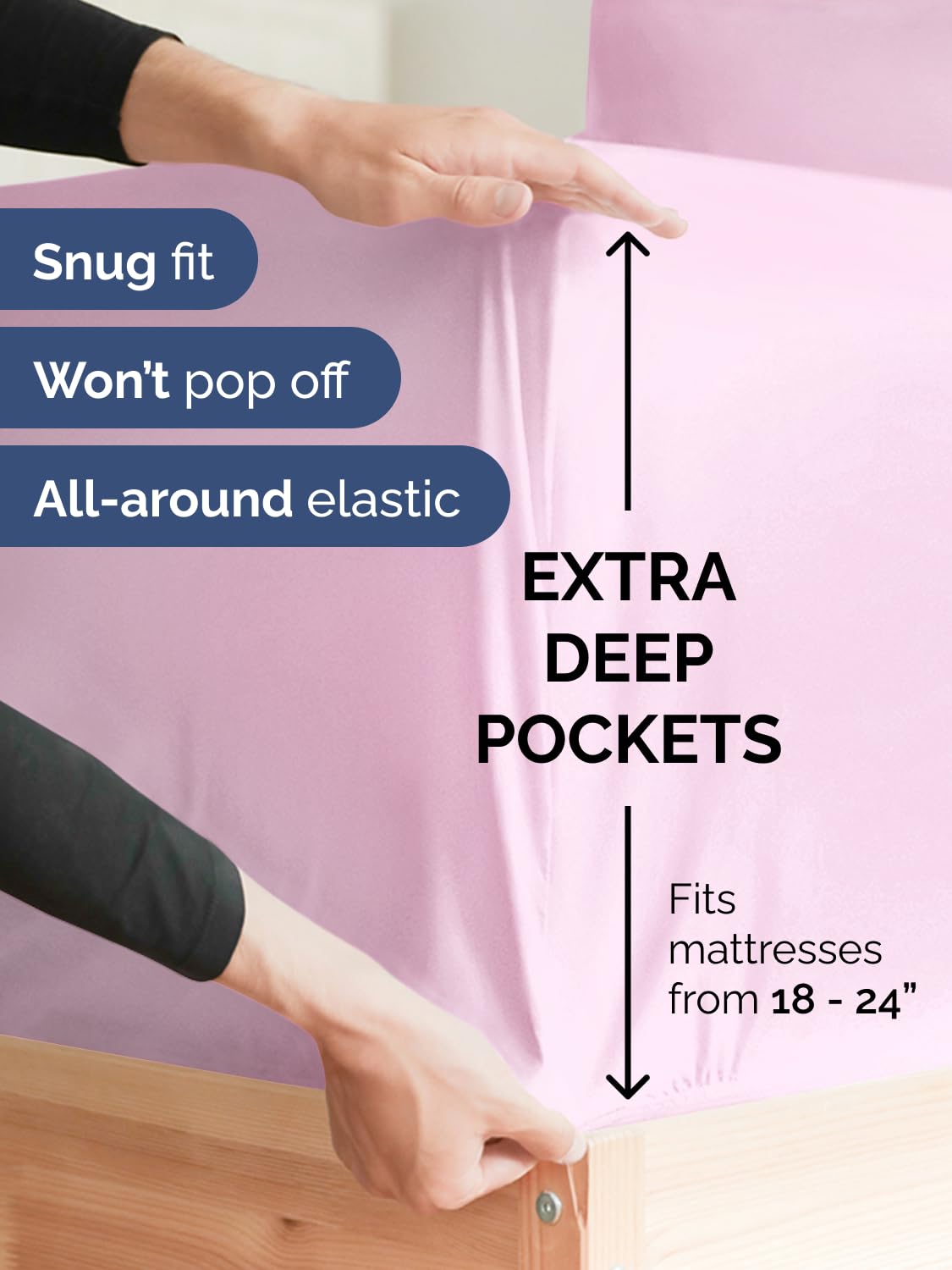 Deep-pocket edge with elastic all around for a snug, no-slip grip.