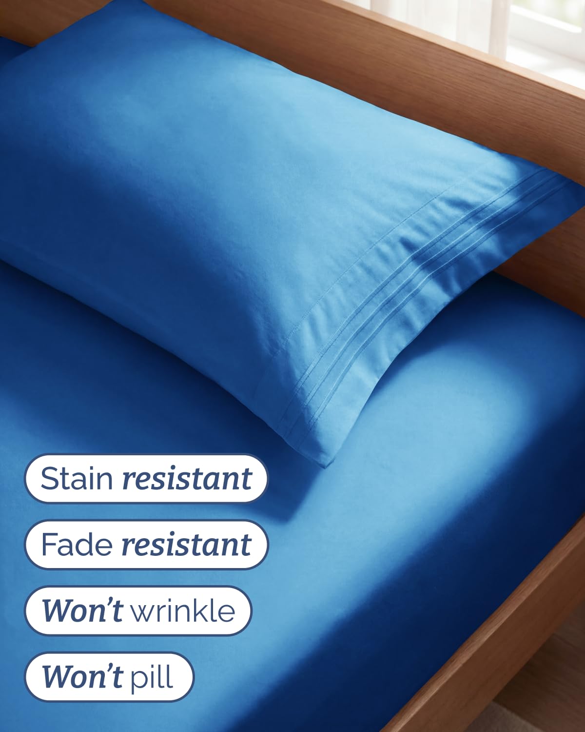 CGK Unlimited deep-pocket blue sheet shows secure fit for mattresses up to 16 inches