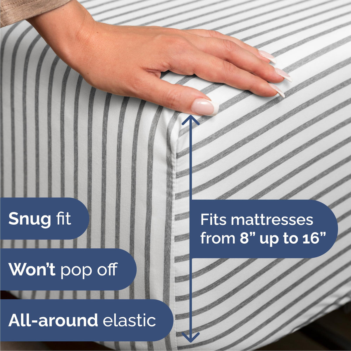 Deep-pocket fitted sheet close-up highlights secure fit on thick mattresses.