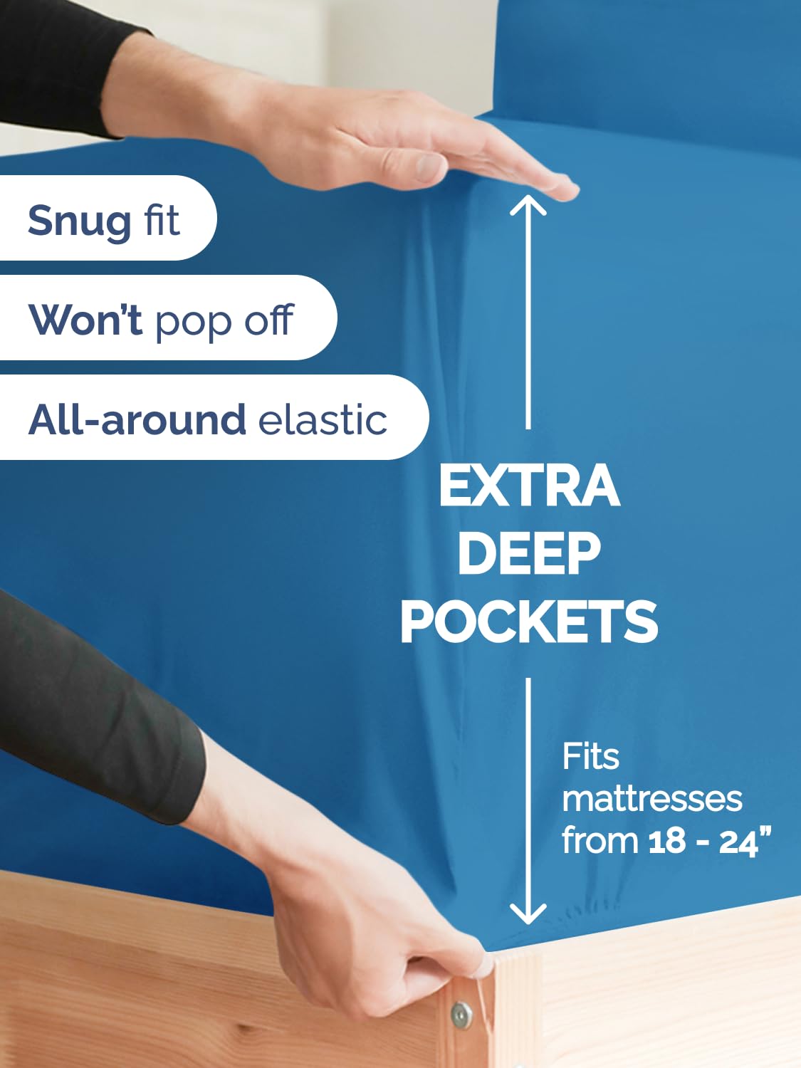 CGK Unlimited deep-pocket king sheets in denim blue fit tall mattresses securely