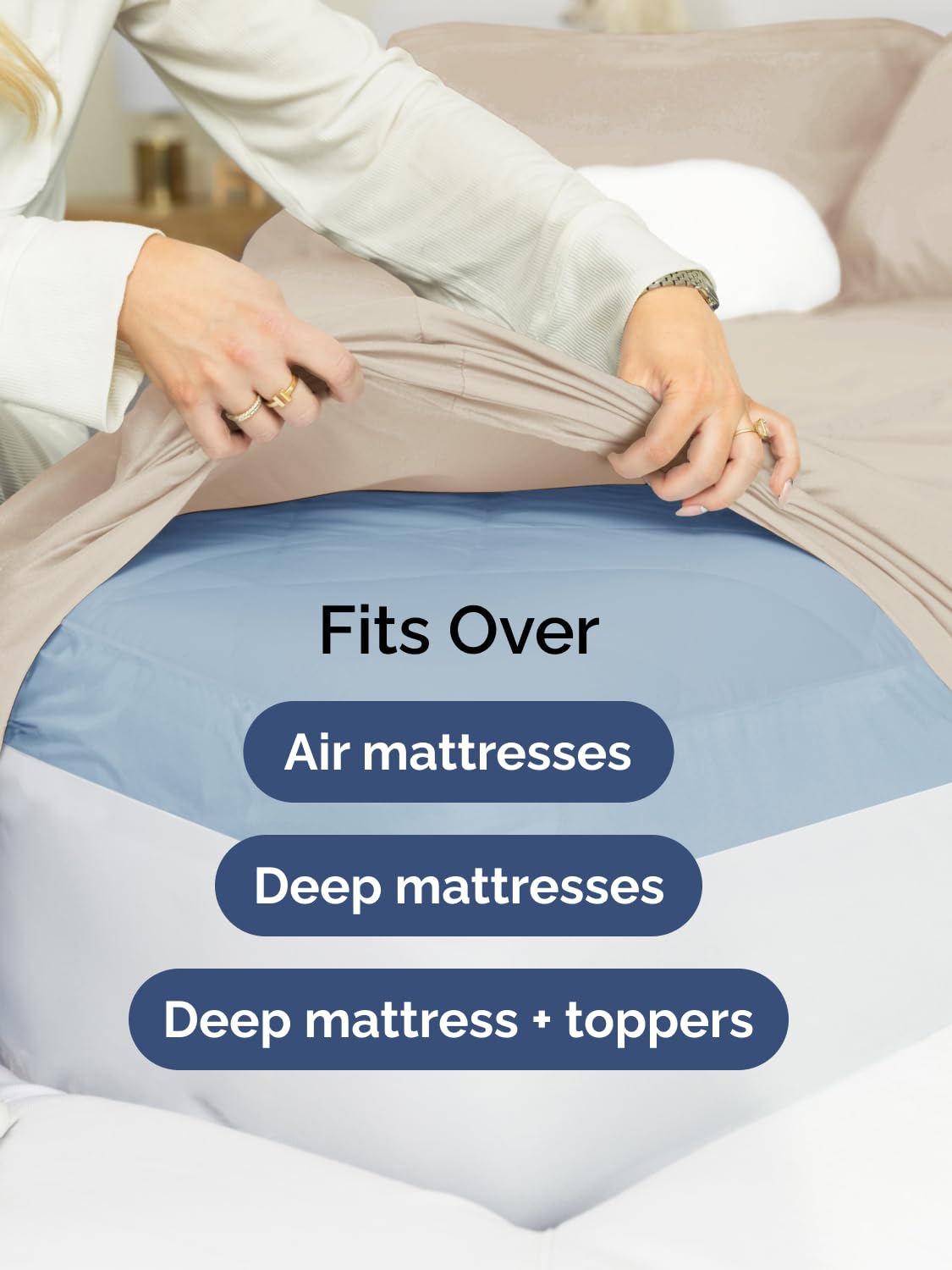 CGK Unlimited deep pocket design holding a thick Cal King mattress topper