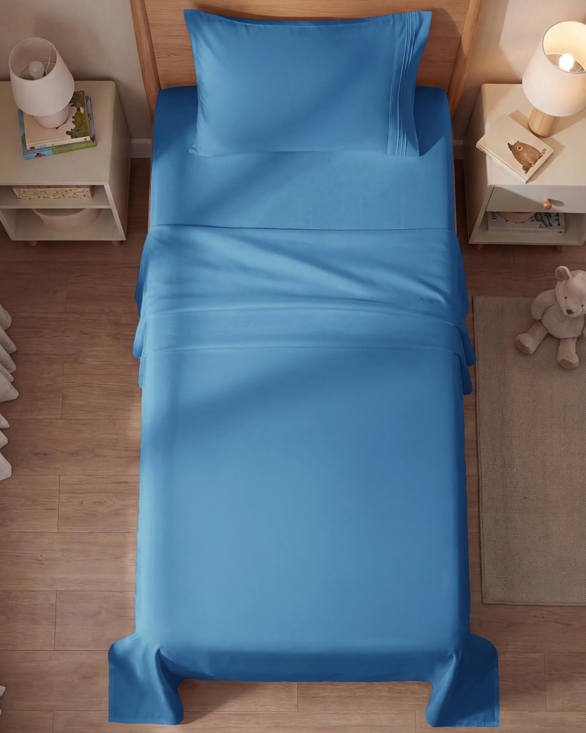 CGK Unlimited denim blue sheet set demonstrates easy fit with elastic edges.