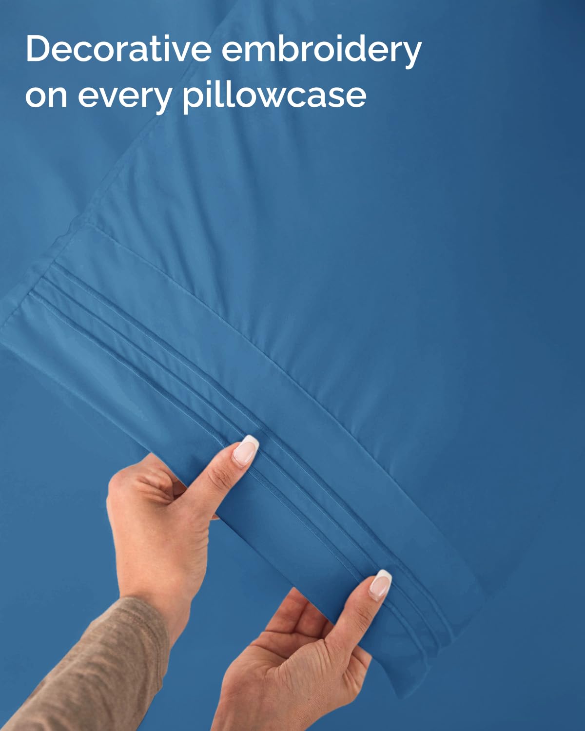 CGK Unlimited wrinkle-free finish on denim blue sheets for quick refresh.
