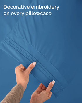 CGK Unlimited wrinkle-free finish on denim blue sheets for quick refresh.